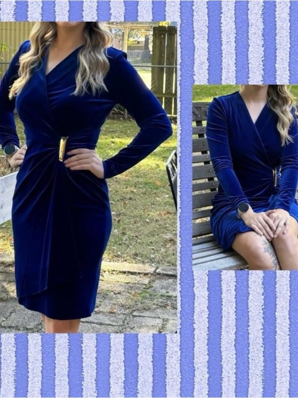 Elegant Women's Velvet Wrap Dress with Gold Accent - Deep Blue